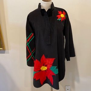Black Christmas Tunic Handmade by Alfredo’s Wife with Merry Red & Green Accents.